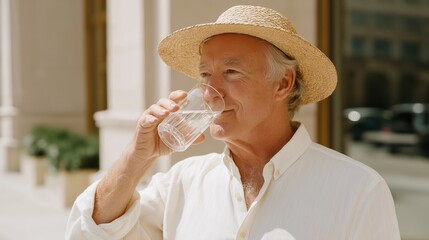 Older man wearing a straw hat drinking water outside, symbolizing hydration, senior health, and staying cool during hot weather