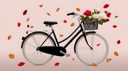 Fototapeta premium A charming vintage bicycle with a woven basket filled with a colorful floral display, surrounded by fallen autumn leaves in shades of red, orange, and yellow.