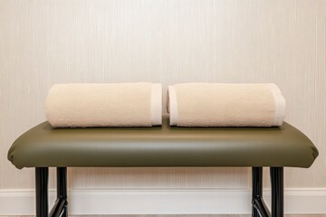 Two rolled cream-colored towels on a dark green massage table.