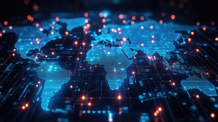 A digital world map with glowing blue continents and red dots on a circuit board background