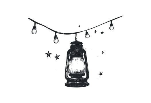 Vintage lantern hanging from string lights with stars in rustic design. Vector retro hand drawn illustration