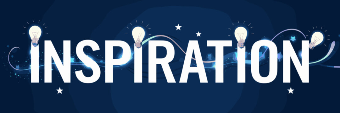 Inspiration word art with glowing light bulbs and stars – Suitable for creativity workshops, motivational posters, or branding for thinkers