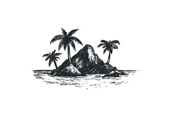 Tropical island sketch with palm trees and ocean waves. Vector retro hand drawn illustration