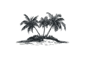 Detailed sketch of palm trees on a small island. Vector retro hand drawn illustration