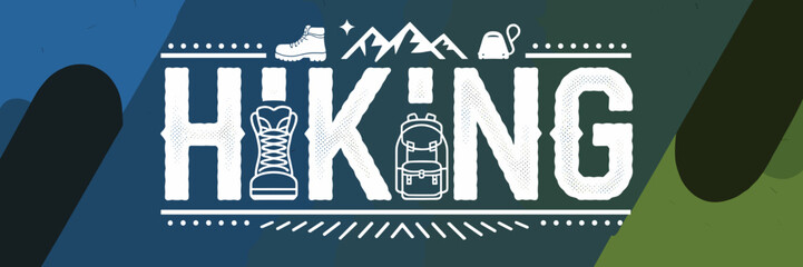 Vector design of the word “Hiking” with boots, backpacks, and mountain icons – Perfect for outdoor adventure branding, trail guide graphics, or hiking club content