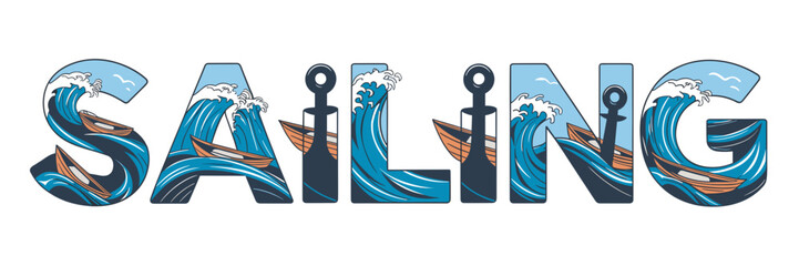Nautical typography with flowing waves and anchors – Ideal for sailing events, sea travel campaigns, or oceanic visuals