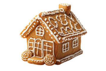 A whimsical gingerbread house decorated with icing evoking cozy Christmas memories on a stark black isolated on transparent background. Generative Ai.