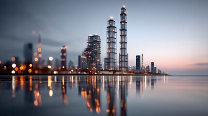 City skyline with a large body of water in the background. The city is lit up at night, creating a warm and inviting atmosphere