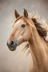 Obraz premium Half portrait of a light brown horse on neutral background