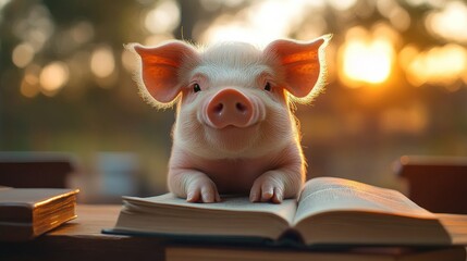 Adorable piglet reading an open book