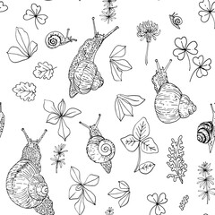 Nature motifs. Flowers, leaves. Vector pattern on white background. Line drawing
