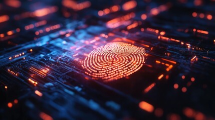 A glowing fingerprint on a circuit board with orange and blue lights in a dark background image view