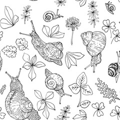 Nature motifs. Flowers, leaves. Vector pattern on white background. Line drawing