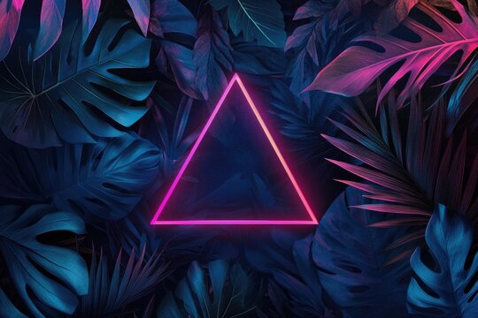Neon pink triangle framed by dark tropical leaves