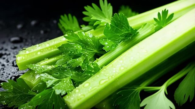 Fresh celery stalks and leaves with droplets of water on a dark background.