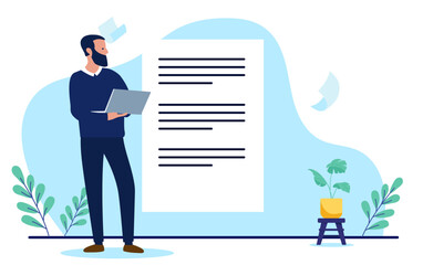 Obraz premium Professional man or businessman holding a laptop and reviewing a large document or contract. Writing text and author concept in flat design vector illustration on white background