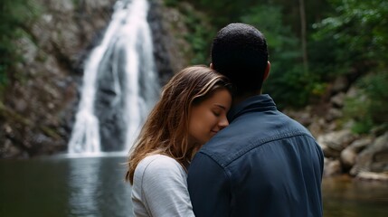 A couple standing in front of a picturesque waterfall, surrounded by the tranquil beauty of the natural environment as they share a tender embrace.