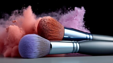 Two makeup brushes with a powder puff on top of them. The brushes are pink and purple
