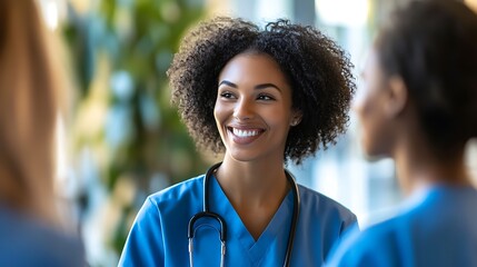 Smiling Healthcare Worker Talking to Colleagues in Hospital Setting