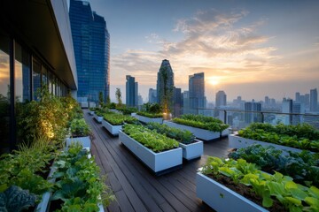 Fototapeta premium Rooftop garden in city skyline setting, green urban sustainability theme