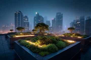 Fototapeta premium Rooftop garden in city skyline setting, green urban sustainability theme
