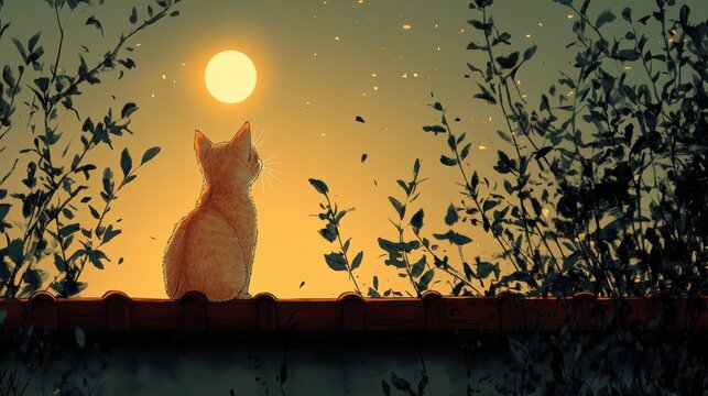Ginger cat on fence admires setting sun through branches in warm illustration style evoking peaceful atmosphere