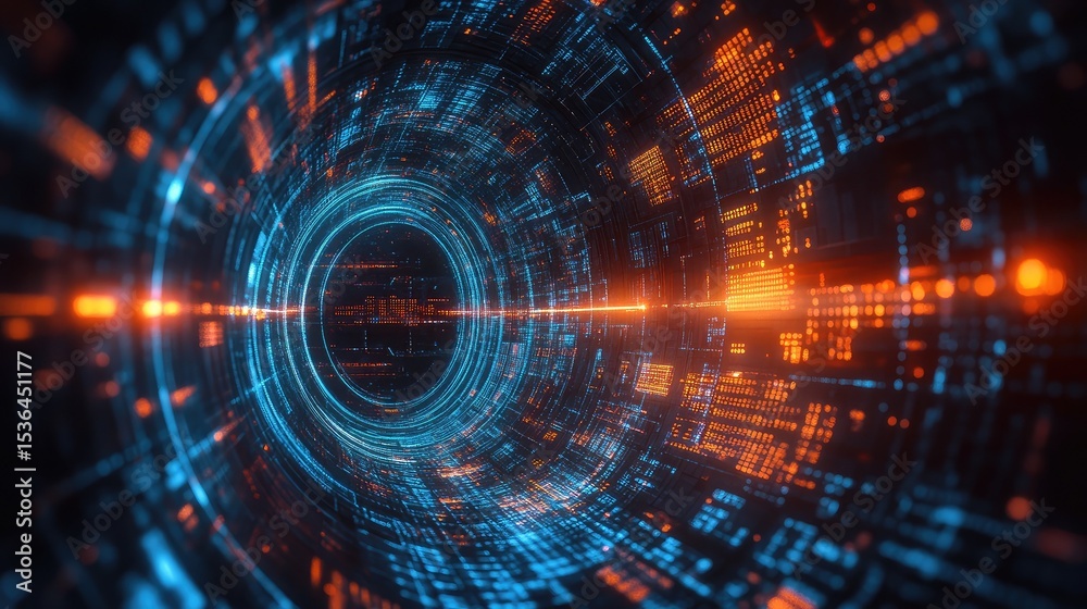 Wall mural abstract digital tunnel with blue and orange lights creating a futuristic and technological atmosphe