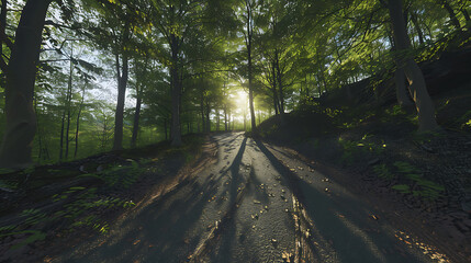 Obraz premium Serene Sunlit Forest Paths: Morning Light Filtering Through Lush Canopies