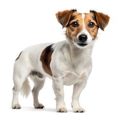 A jack russell terrier standing attentively on a white background with its head tilted slightly forward