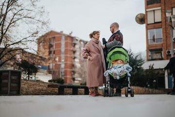 Obraz premium A family stands in a city square while having a discussion. The parents, along with a stroller containing their child, engage in conversation, set against the backdrop of modern residential buildings.