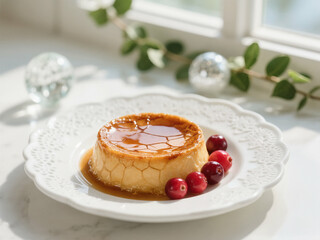 A delectable crème caramel, topped with cracked caramel, is garnished with fresh cranberries and a spoon on a white plate. Holiday decor is subtly blurred in the background.