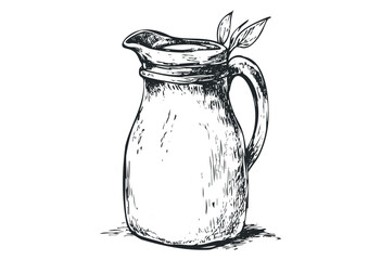 Vintage sketch of a rustic ceramic pitcher with leaf detail. Vector retro hand drawn illustration