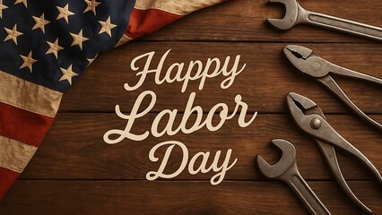 Happy labor day tools american flag wood background