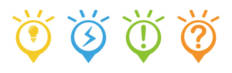 Set of colorful pin indicators, ideal for conveying concepts like innovation, quick solutions, alerts, and inquiries. modern graphic elements for engaging infographics and digital interfaces © Anzz Stock