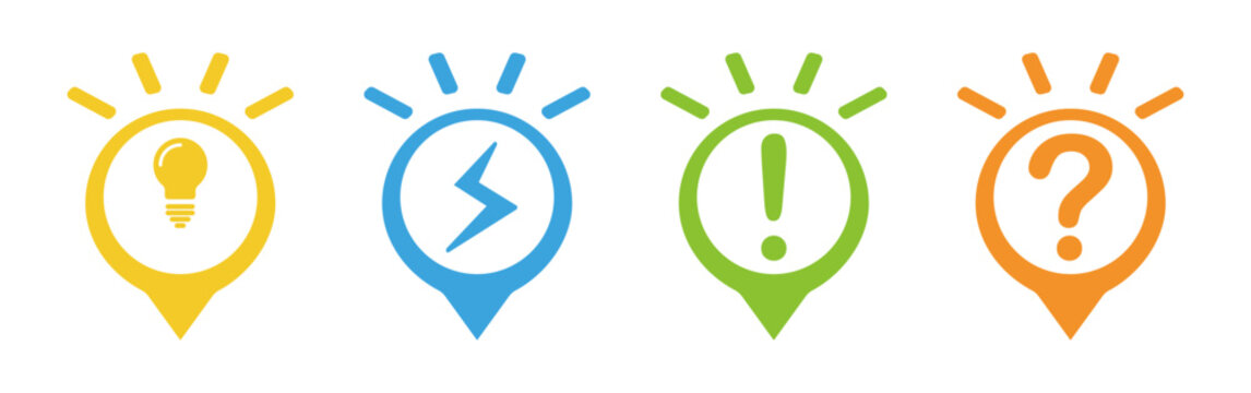 Set of colorful pin indicators, ideal for conveying concepts like innovation, quick solutions, alerts, and inquiries. modern graphic elements for engaging infographics and digital interfaces