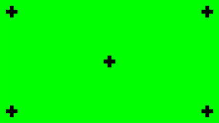 Vibrant green screen background with essential black tracking markers, ready for chroma key compositing. Ideal for video production, special effects, or digital display replacement