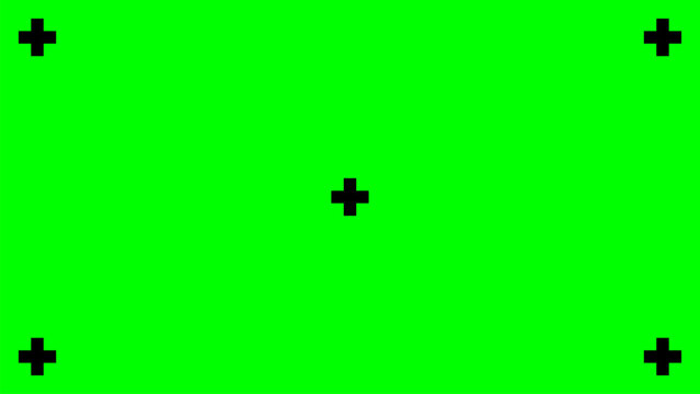 Vibrant green screen background with essential black tracking markers, ready for chroma key compositing. Ideal for video production, special effects, or digital display replacement