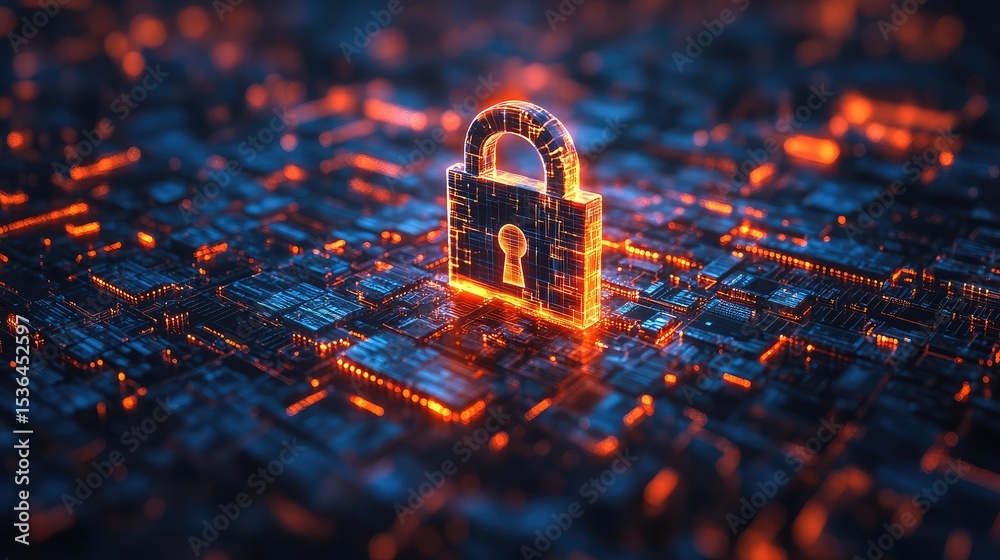 Wall mural a glowing padlock on a circuit board representing digital security and data protection concept art