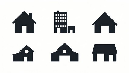 Fototapeta premium Six simple black building icons house apartment building barn shed and two variations of a garage