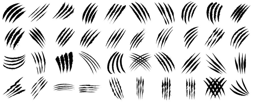 Set of 40 claw mark scratch illustrations in vector format. Includes wild animal attacks, torn textures, and horror slashes. Isolated on transparent background.
