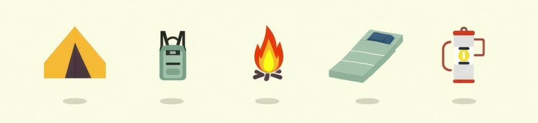 Camping icons tent backpack campfire sleeping bag lantern Flat design illustration
