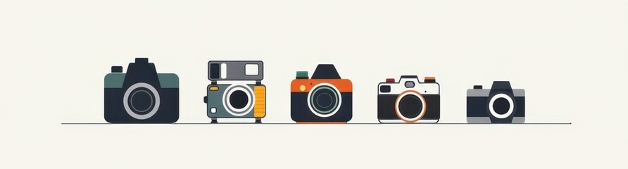 Five illustrated camera types SLR instant digital and compact designs cameras