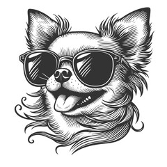 happy chihuahua wearing stylish sunglasses, exuding personality and charm with a playful vibe sketch engraving generative ai raster illustration. Scratch board imitation. Black and white image.