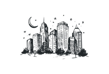 Hand-drawn cityscape with skyscrapers under crescent moon and stars. Vector retro hand drawn illustration