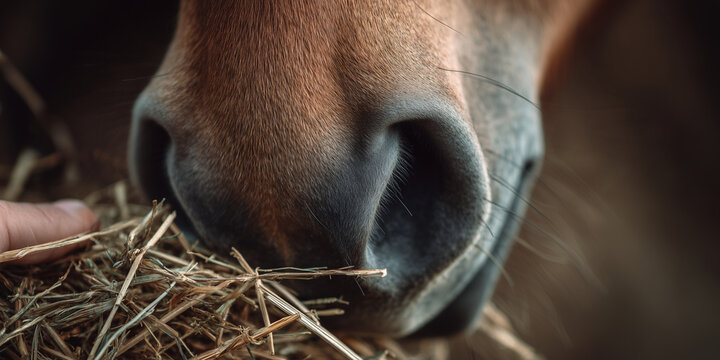 Close-up of a horse sniffing hay – suitable for themes like feeding, farming, zoology, or natural lifestyle.