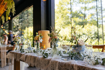 Beautiful details of the flower decorations at a wedding's reception. 