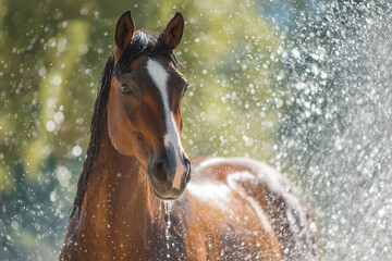 Horse splashing under water spray, sunlight highlighting droplets. Great for themes like grooming, refreshment, freedom, and dynamic motion.