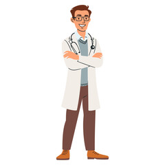 Man doctor standing with arms folded on his chest. Flat vector illustration. . Vector illustration