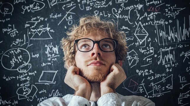 A man with glasses and a beard, standing in front of a chalkboard with mathematical equations and diagrams.