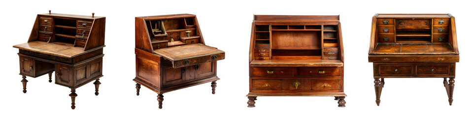 Vintage wooden desks and secretaries with intricate carved designs